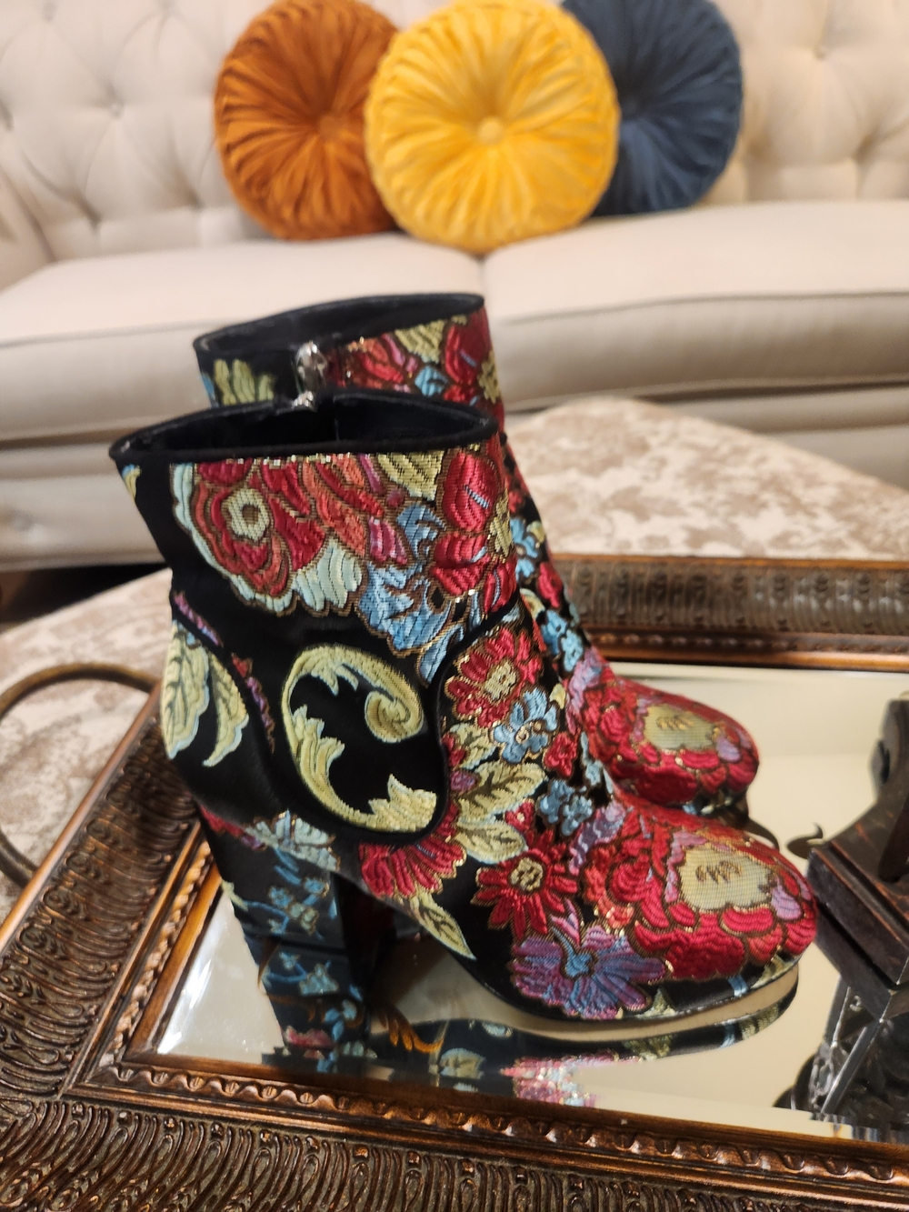 Marc Fisher Embroidered Floral Black Ankle Boots with Red & Blue Accents